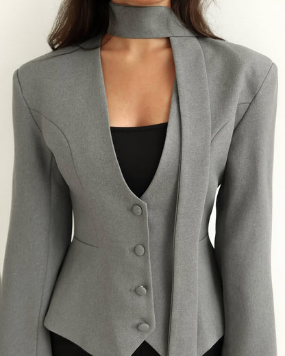 V-Neck Padded Shoulder Cropped Blazer