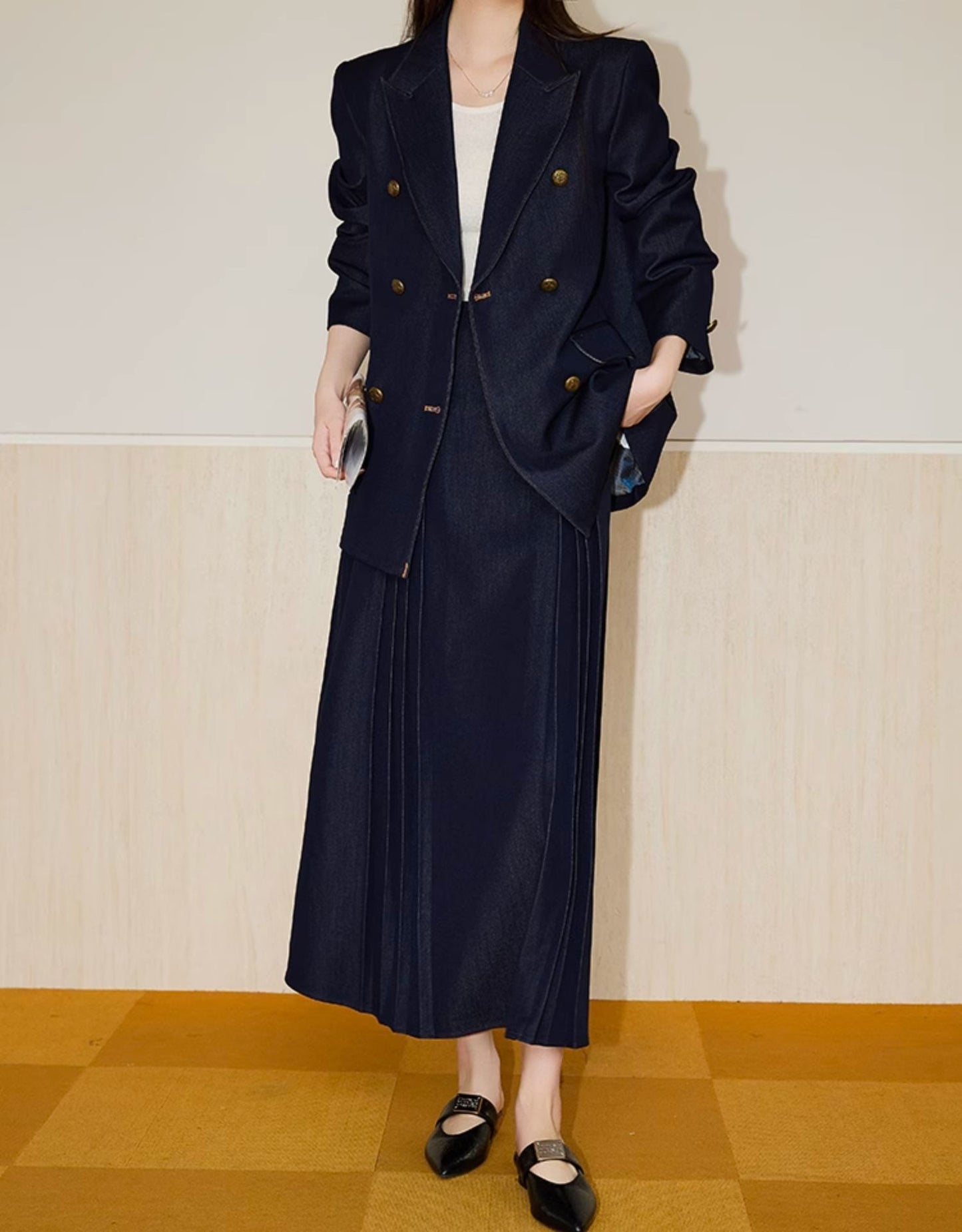 Double-Breasted  Blazer + Elegant Flared Maxi Skirt