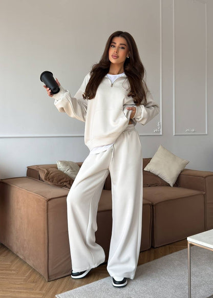 Cozy Cotton Lounge Set for Women – Relaxed Pullover Sweatshirt & Straight-Leg Pants