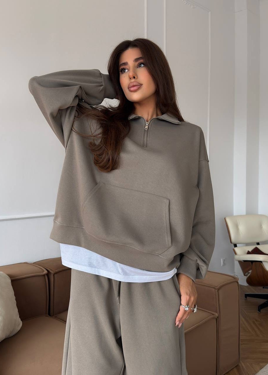 Cozy Cotton Lounge Set for Women – Relaxed Pullover Sweatshirt & Straight-Leg Pants