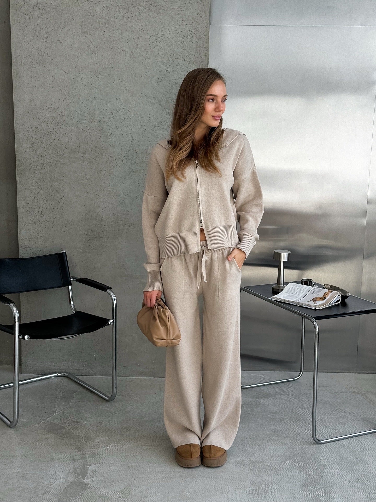 Hooded Soft Knit Cardigan + Wide-Leg Pants Set