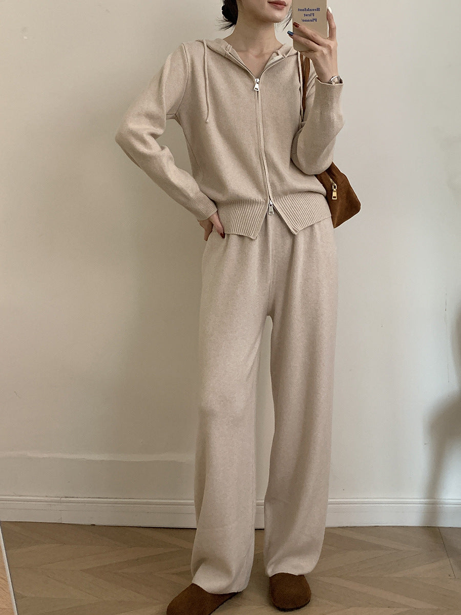 Hooded Soft Knit Cardigan + Wide-Leg Pants Set