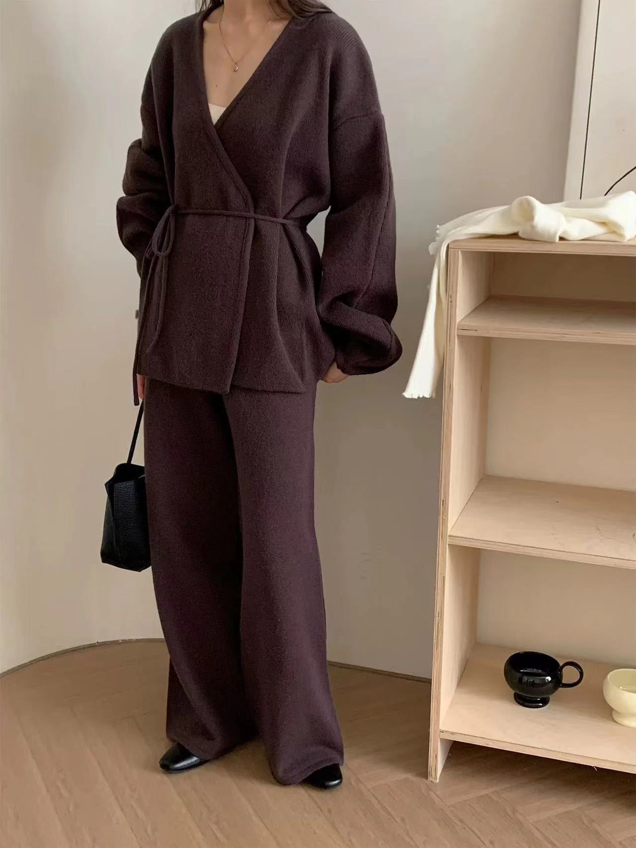 V-Neck Lantern Sleeve Cardigan + Pants Set