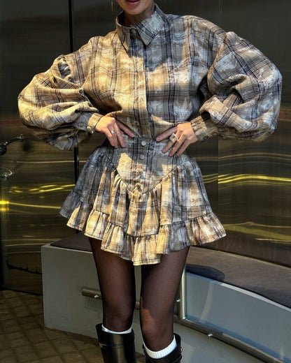 Elegant Ruffle Long Sleeve Shirt + Mini Skirt Set