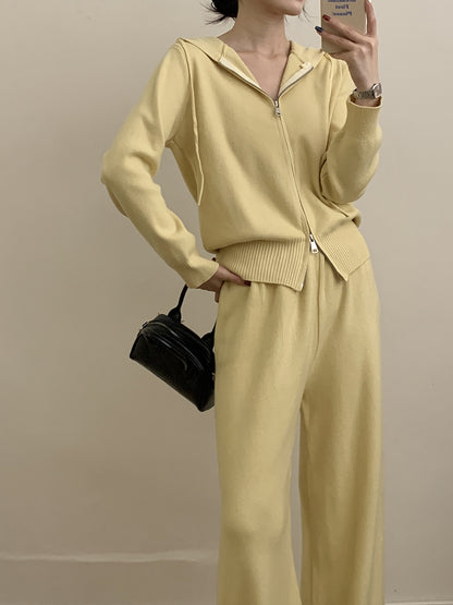 Hooded Soft Knit Cardigan + Wide-Leg Pants Set