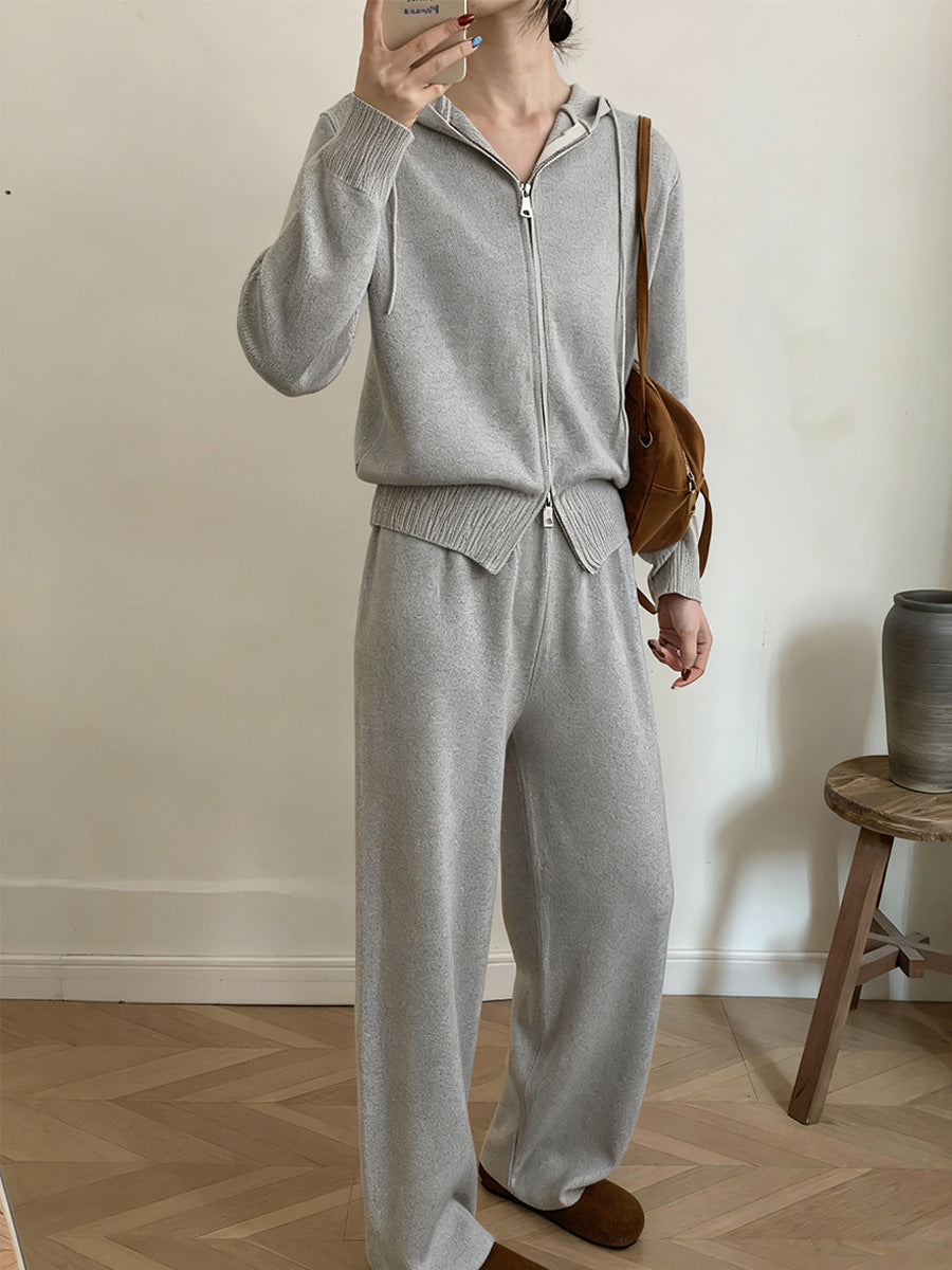 Hooded Soft Knit Cardigan + Wide-Leg Pants Set