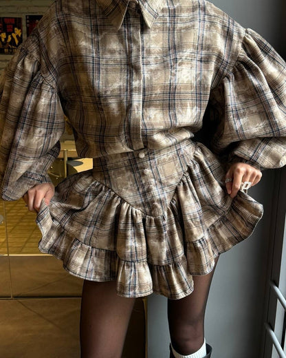 Elegant Ruffle Long Sleeve Shirt + Mini Skirt Set