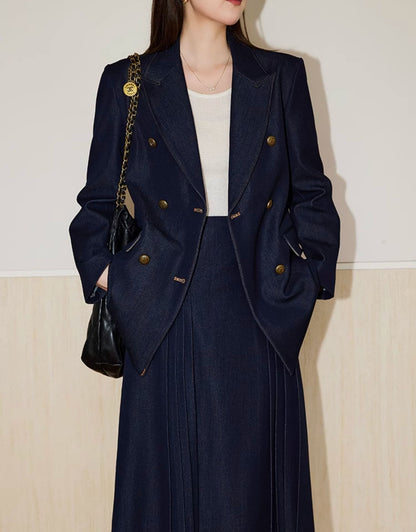 Double-Breasted  Blazer + Elegant Flared Maxi Skirt