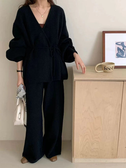 V-Neck Lantern Sleeve Cardigan + Pants Set