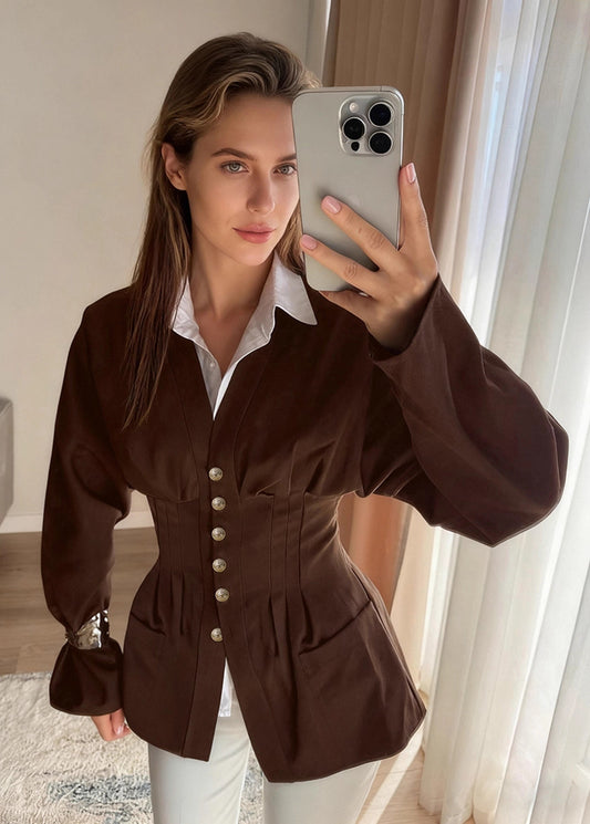 Elegant French-Style V-Neck Waist-Cinched Long Sleeve Blouse for Women – Autumn Slim Fit Shirt Top