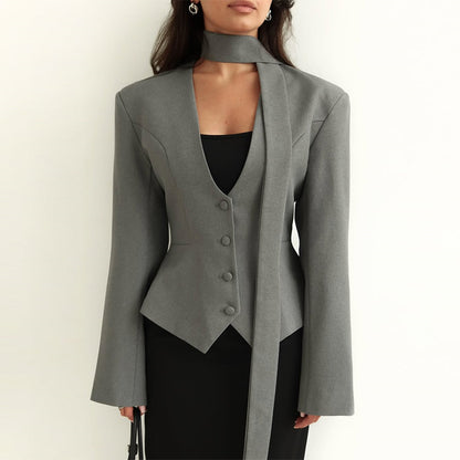 V-Neck Padded Shoulder Cropped Blazer