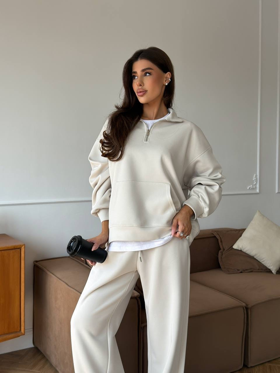 Cozy Cotton Lounge Set for Women – Relaxed Pullover Sweatshirt & Straight-Leg Pants