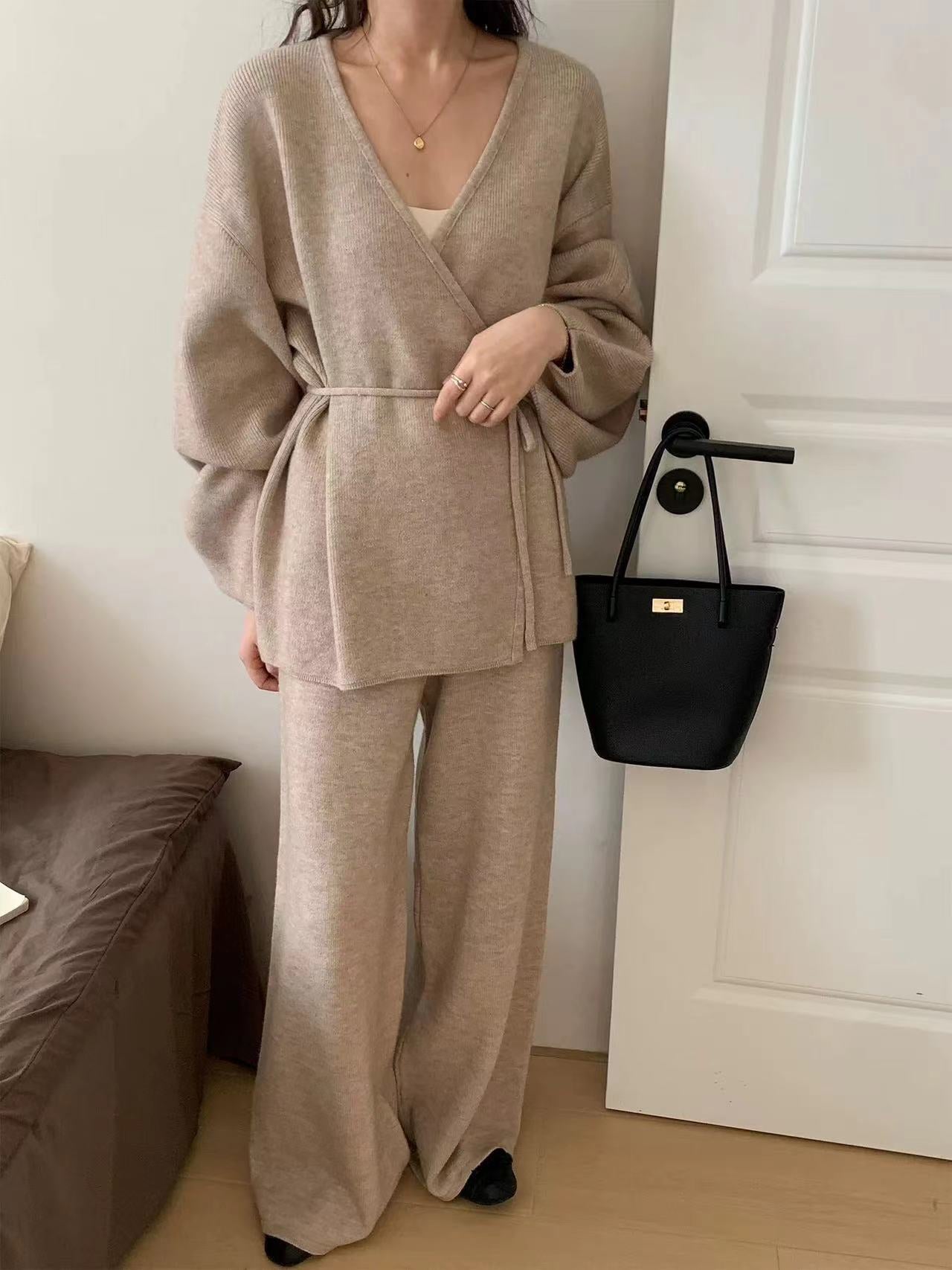 V-Neck Lantern Sleeve Cardigan + Pants Set