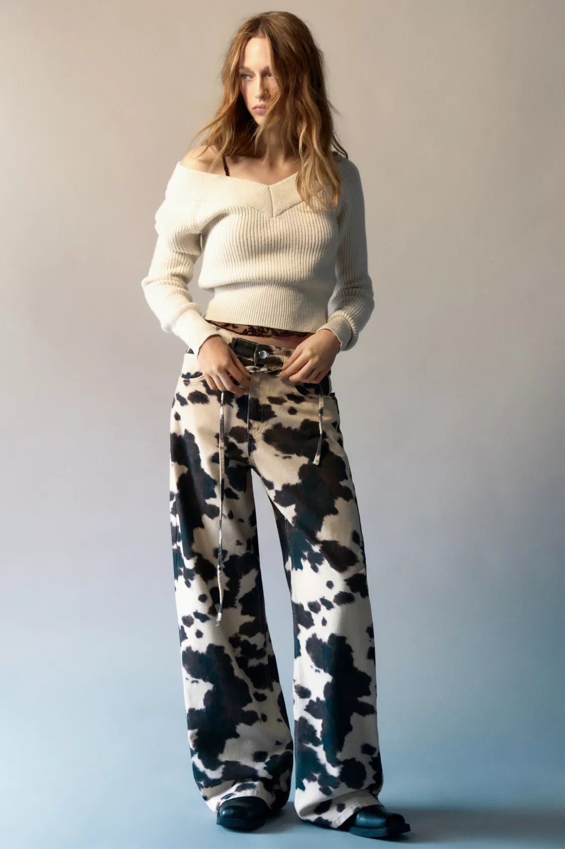 Cow Print Tie-Dye Wide-Leg Jeans