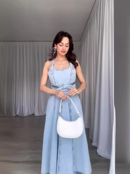 Detachable Strap Backless Denim Maxi Dress