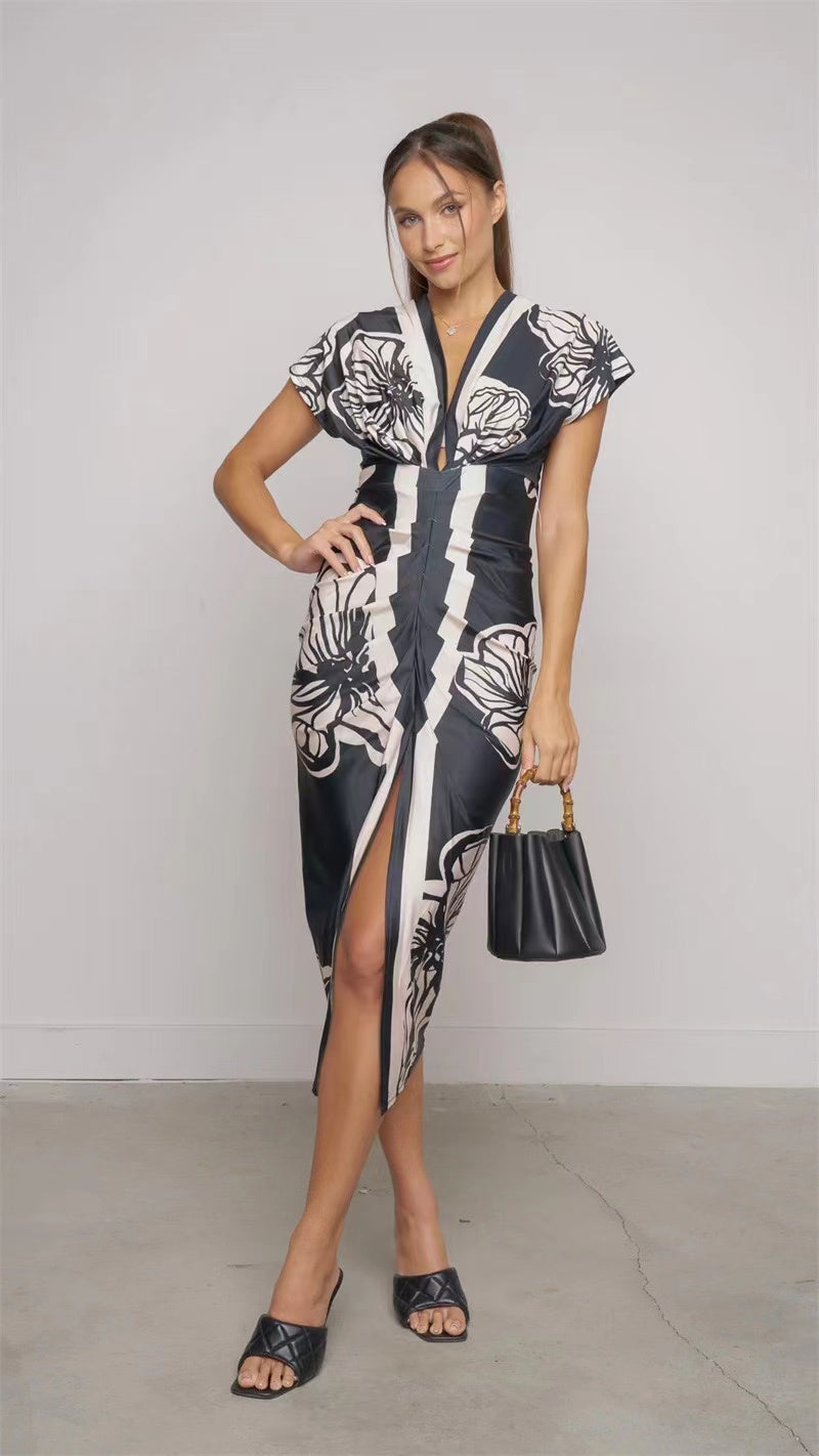 Floral V-Neck Split Dress