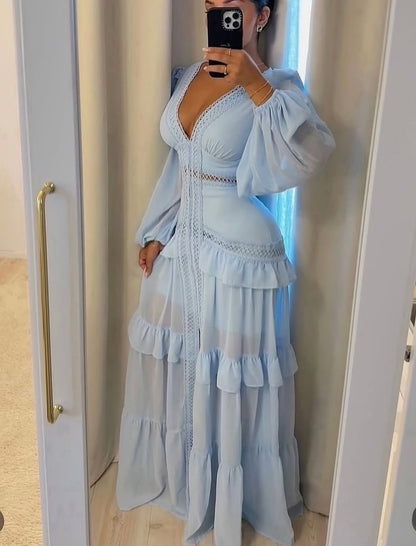 V - neck flounced maxi dress