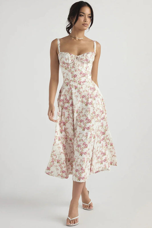 Suspended floral halter dress