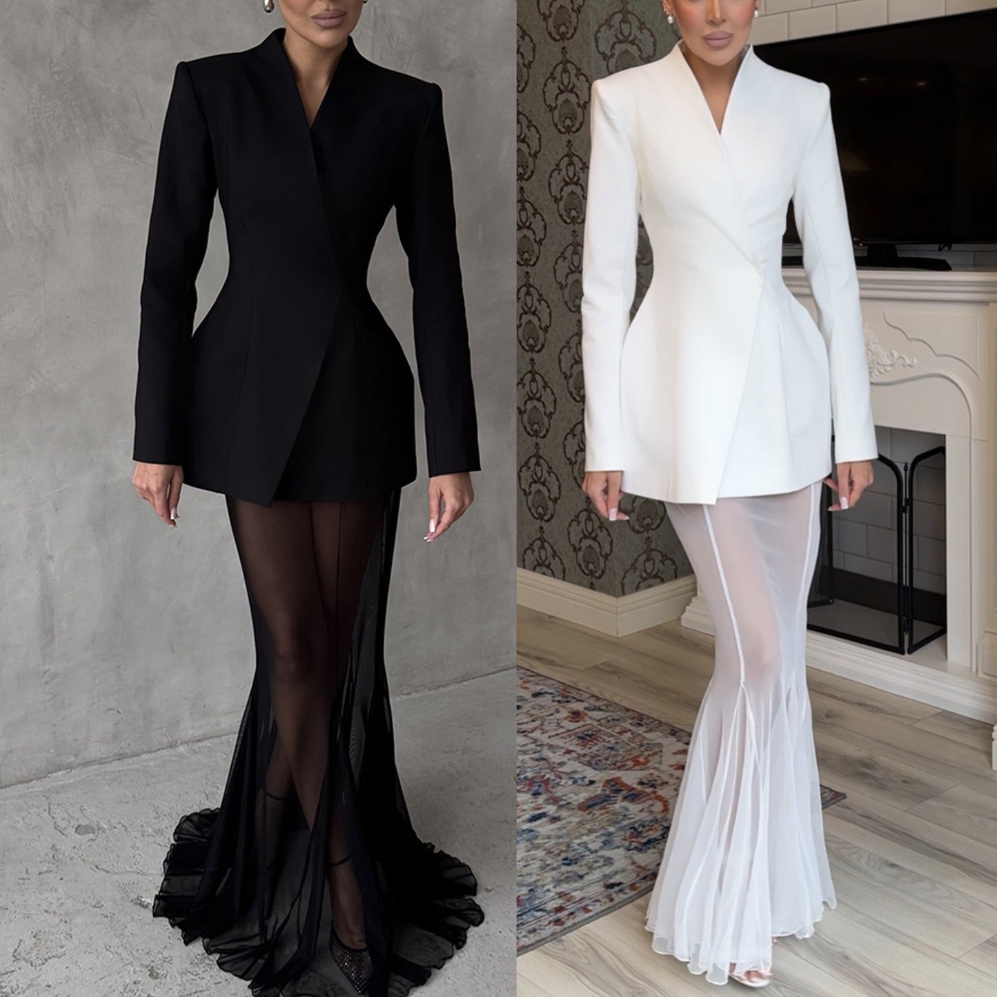 Elegant Satin Mesh Skirt Set