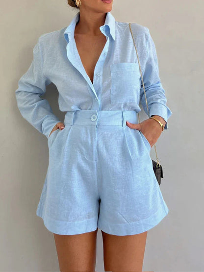 Casual short suit trousers long sleeve shirt set