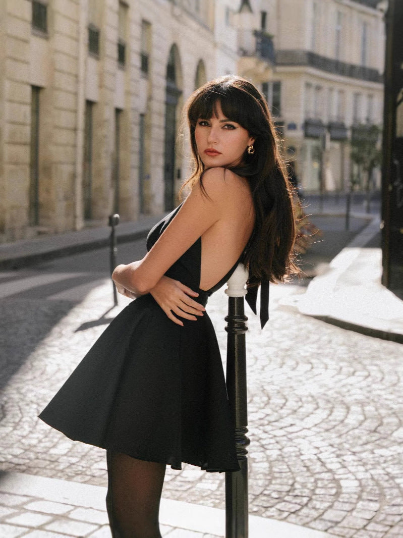 Elegant Black Halter Swing Dress